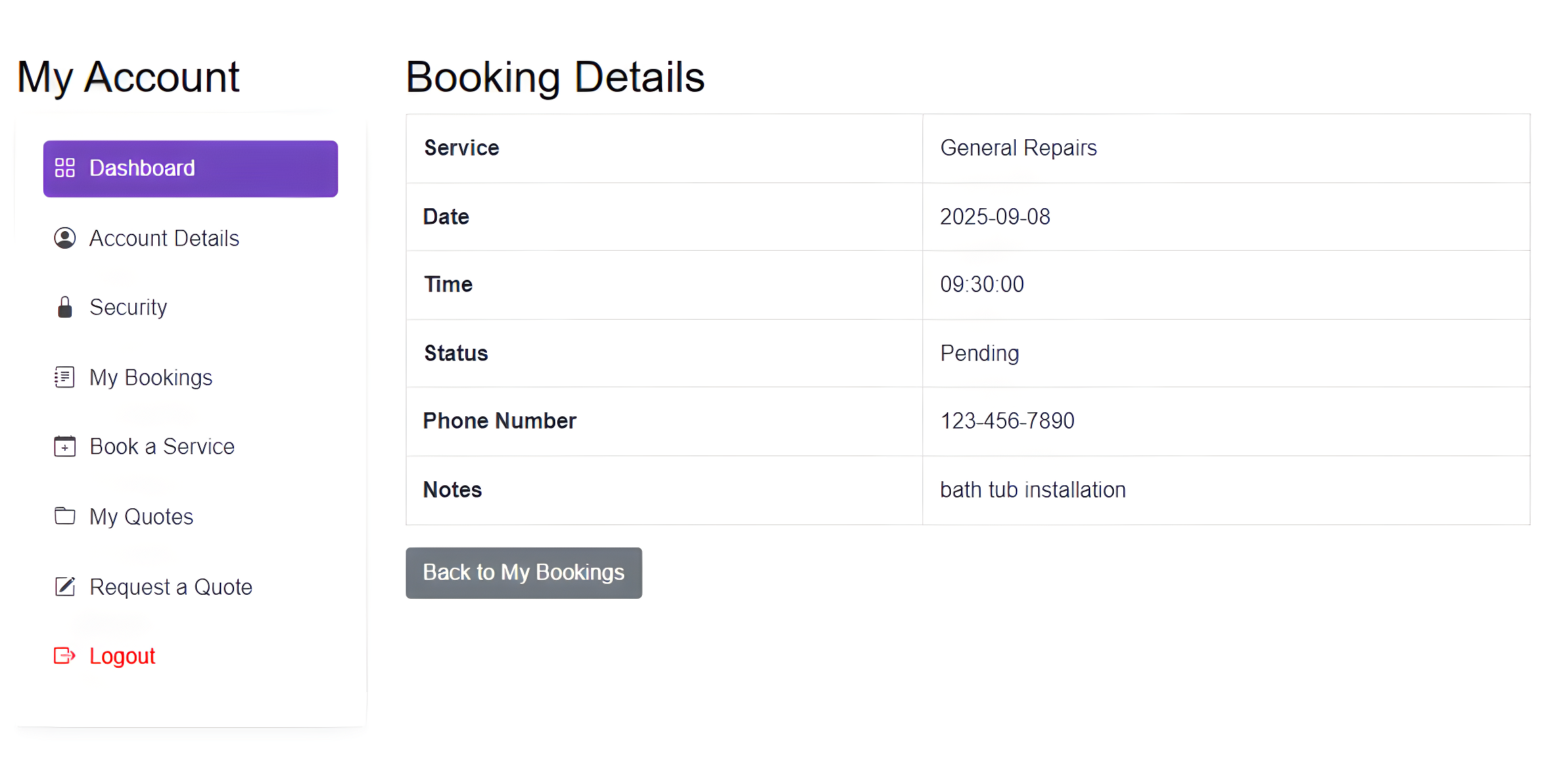 Booking system interface preview